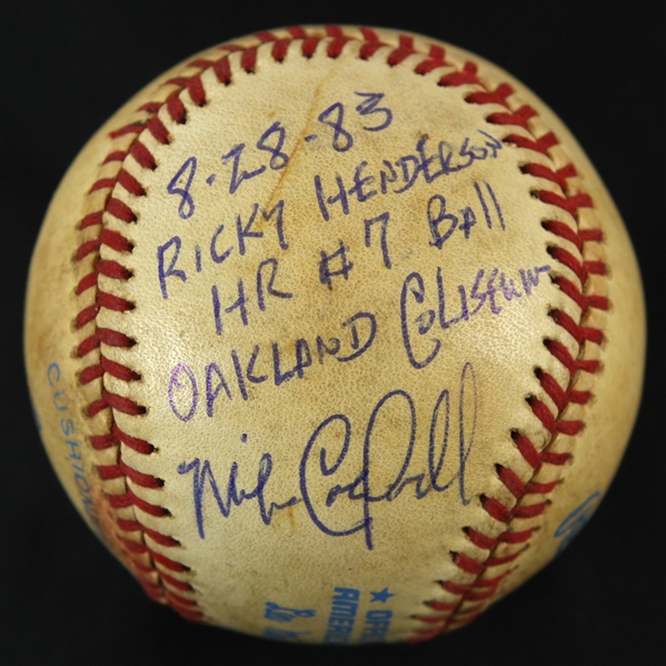 1983 Rickey Henderson Oakland Athletics OAL MacPhail Game Used Home Run Baseball Signed by Mike Caldwell (MEARS LOA)