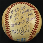 1983 Rickey Henderson Oakland Athletics OAL MacPhail Game Used Home Run Baseball Signed by Mike Caldwell (MEARS LOA)