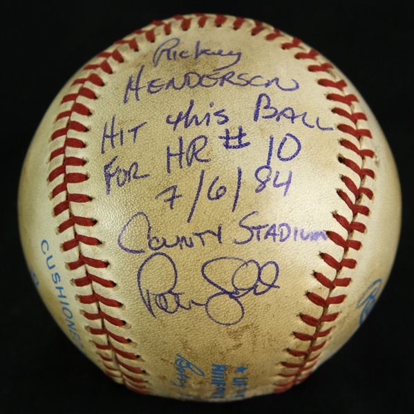 1984 (July 6) Rickey Henderson Oakland Athletics OAL Brown County Stadium Game Used Home Run Baseball Signed by Pete Ladd (MEARS LOA/JSA)