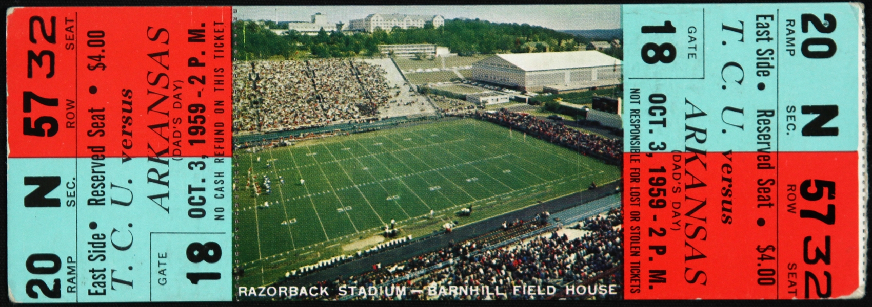 1959 (October 3) Arkansas Razorback TCU Horned Frogs Razorback Stadium Ticket Stub