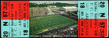 1959 (October 3) Arkansas Razorback TCU Horned Frogs Razorback Stadium Ticket Stub