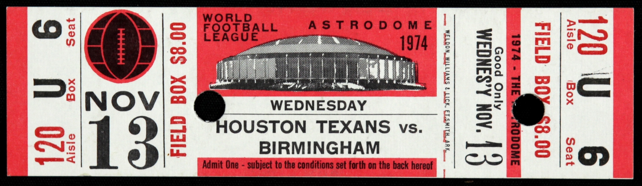 1974 (November 13) Houston Texans Birmingham Americans Astrodome World Football League Ticket