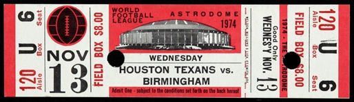 1974 (November 13) Houston Texans Birmingham Americans Astrodome World Football League Ticket