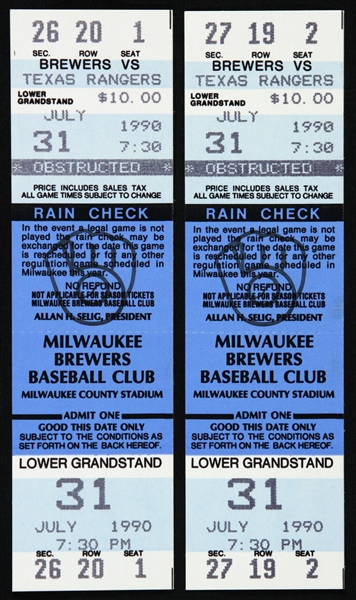 1990 (July 31) Nolan Ryan 300th Career Win Texas Rangers Milwaukee Brewers County Stadium Tickets - Lot of 2 