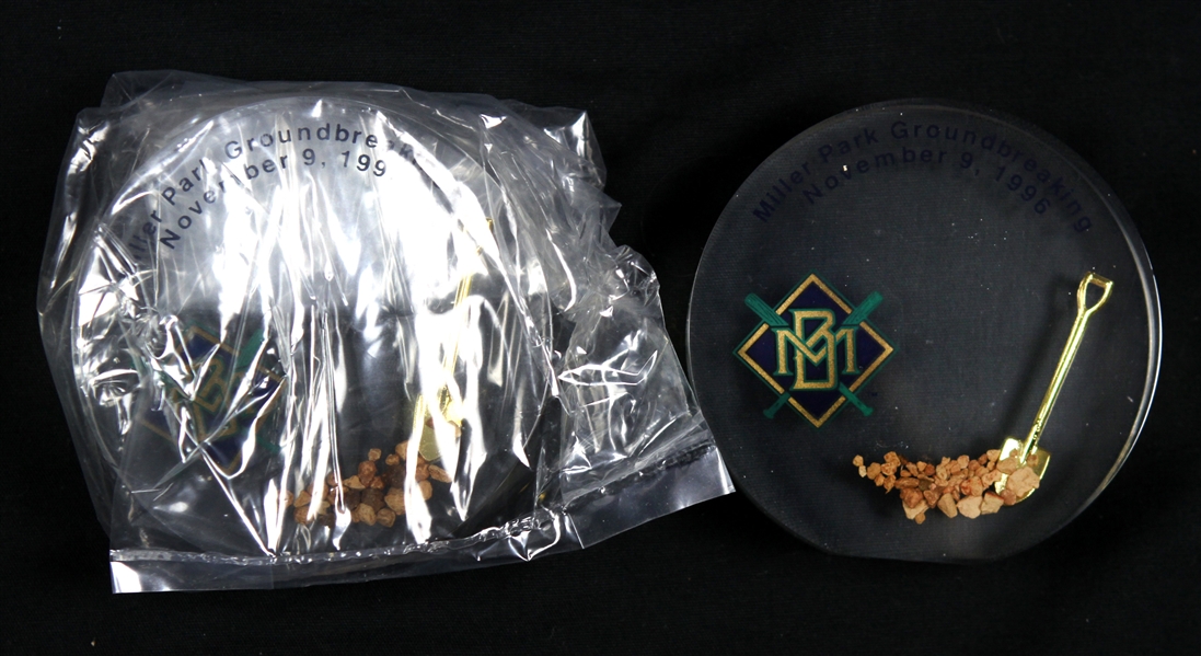 1996 Milwaukee Brewers Miller Park Groundbreaking Paperweights w/ Stadium Dirt - Lot of 2