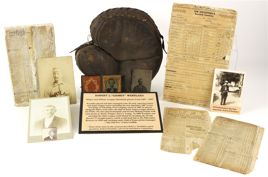 1880s-90s Robert "Gamey" Westlake Baseball Memorabilia Collection - Lot of 9 w/ Canton Repository Summary Card from Cy Young No Hitter