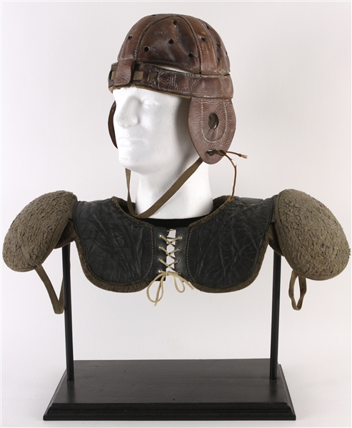 1915-25 circa Game Worn Victor Wright & Ditson Shoulder Pads w/ Stall & Dean Padded Leather Helmet - Lot of 2 (MEARS LOA)