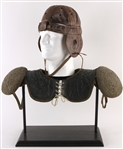 1915-25 circa Game Worn Victor Wright & Ditson Shoulder Pads w/ Stall & Dean Padded Leather Helmet - Lot of 2 (MEARS LOA)