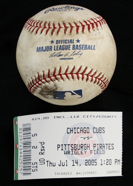 2005 (July 14) Chicago Cubs Pittsburgh Pirates OML Selig Wrigley Field Game Used Baseball w/ Ticket Stub (MEARS LOA)