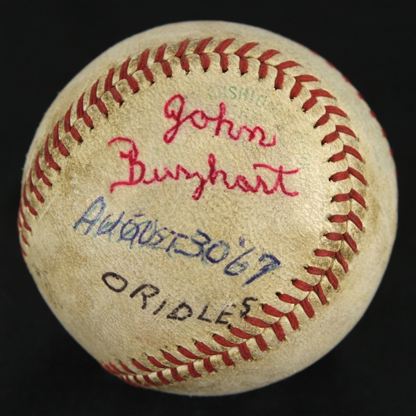 1967 (August 30) John Buzhardt Baltimore Orioles Signed OAL Cronin Metropolitan Stadium Game Used Baseball (MEARS LOA)