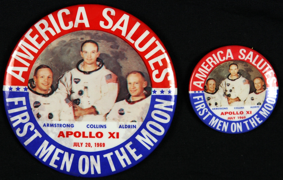 1969 Neil Armstrong Buzz Aldrin Michael Collins Apollo XI America Salutes First Men on the Moon Pinback Buttons - Lot of 2