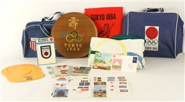 1964 Tokyo Olympic Games Memorabilia Collection - Lot of 25 w/ Handbags, Towel, Painted Wooden Plate, Postcards & More
