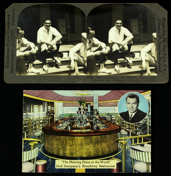 1930s Max Schmelling Keystone View Company Photo Card & Jack Dempseys Broadway Restaurant Postcard - Lot of 2