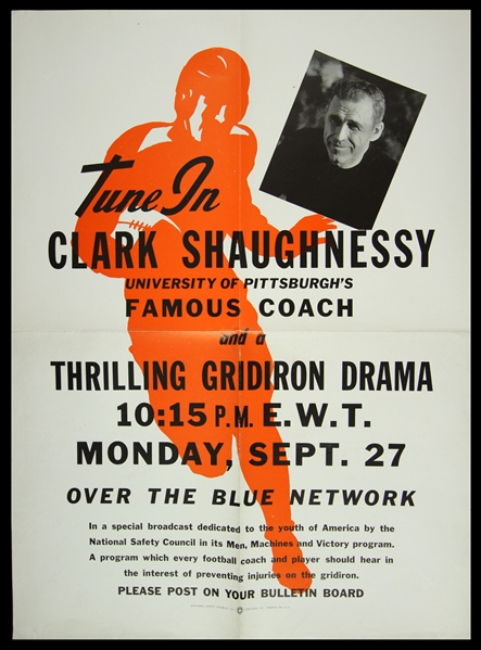 1943 Clark Shaughnessy University of Pittsburgh Football Coach 17" x 23" Radio Poster