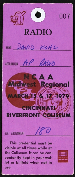 1979 NCAA Basketball Tournament Midwest Regional Radio Credential 