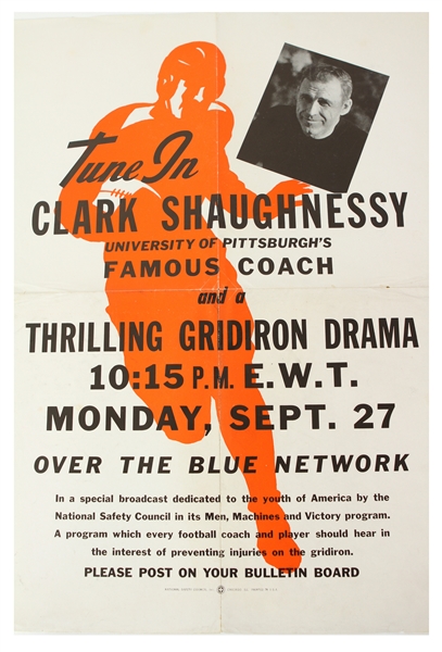 1943-45 Clark Shaugnessy University of Pittsburgh 17" x 23" National Safety Council Radio Poster - Lot of 3