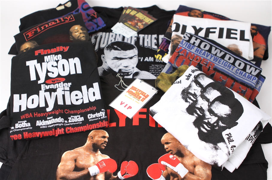 1996-97 Mike Tyson Evander Holyfield Michael Moorer Memorabilia Collection - Lot of 17 w/ Shirts, Ticket Stubs & VIP Pass