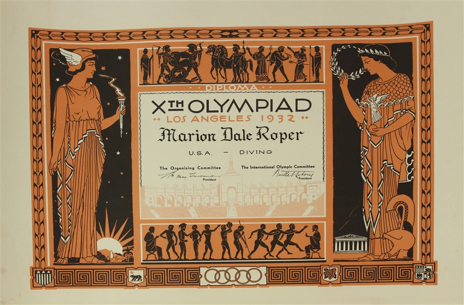 1932 Marion Dale Roper Diving Los Angeles Olympic Games 19" x 25" Diploma