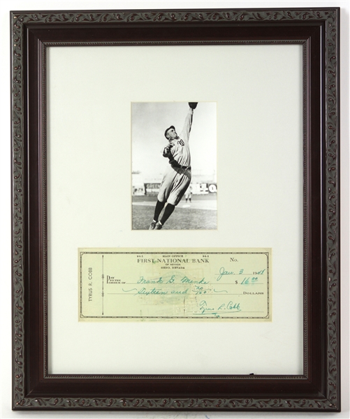 1948 Ty Cobb Detroit Tigers 13" x 17" Framed Display w/ Signed Personal Check (JSA)