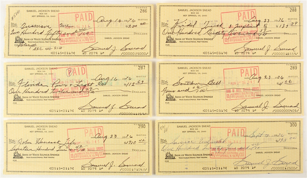 1976 Sam Snead Seven Time Major Champion Golfer Signed Personal Check Collection - Lot of 10(JSA)