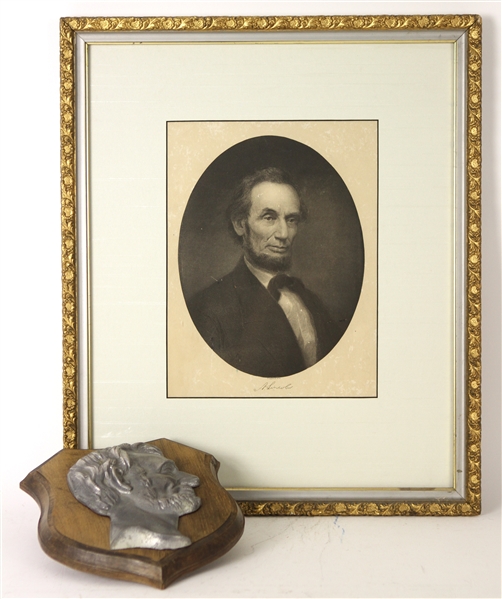 1920s circa Abraham Lincoln 16th President Hanging Display Collection - Lot of 2 w/ Profile Plaque & 15" x 19" Framed Portrait