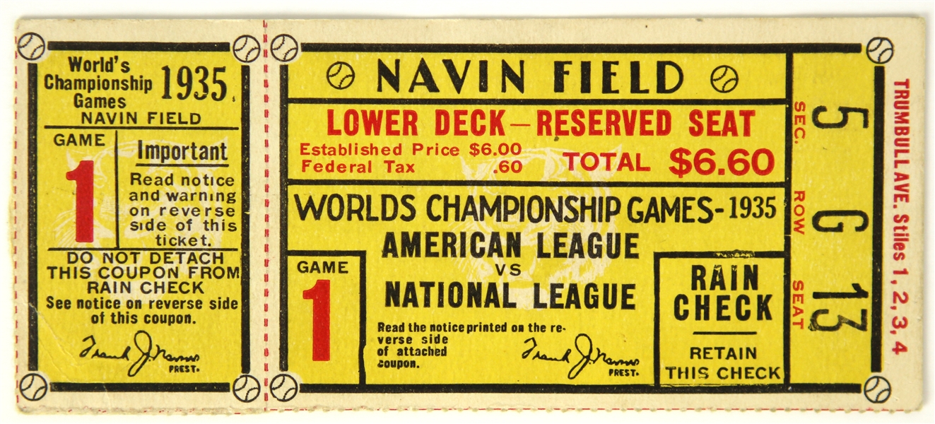 1935 Detroit Tigers Chicago Cubs Navin Field World Series Game 1 Ticket Stub