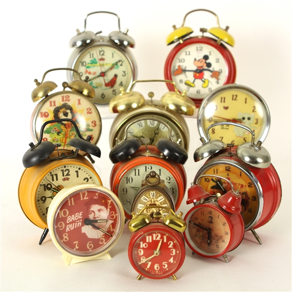 1940s-70s Alarm Clock Collection - Lot of 12 w/ Babe Ruth, Chairman Mao, Mickey Mouse & More