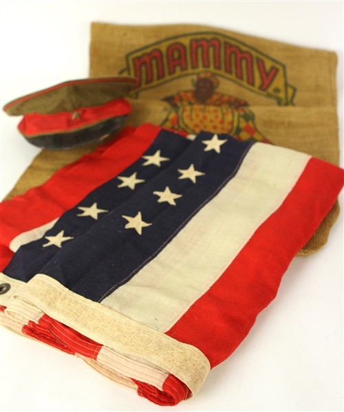 1890s-1940s Americana Collection - Lot of 3 w/ 1896-1908 45 Star USA Flag, Military Cap & Mammy Brand Potato Sack