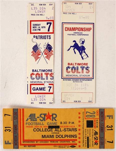 1974-76 Football Ticket Collection - Lot of 3 w/ Baltimore Colts, 1976 AFC Championship Ghost Ticket & College All Stars vs. Miami Dolphins