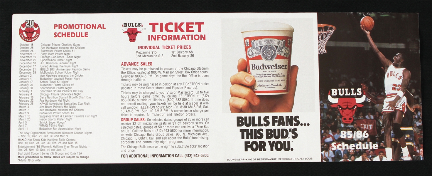 1985-86 Michael Jordan Chicago Bulls Unfolded Pocket Schedule