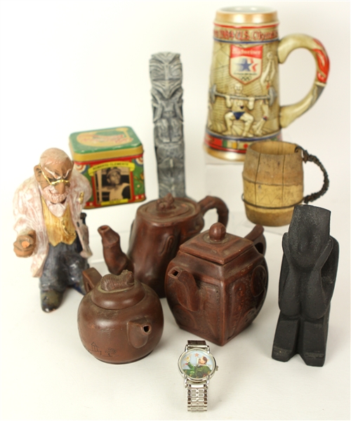 1960s-80s Americana Folk Art Collection - Lot of 10 w/ 1984 Budweiser US Olympics Beer Stein, Chairman Mao Wristwatch & More