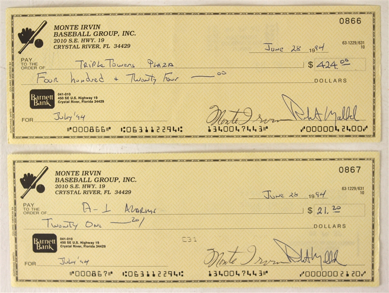 1994 Monte Irvin New York Giants Signed Business Checks - Lot of 2 (JSA)