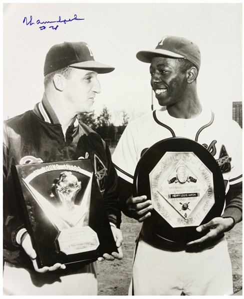 1957 Warren Spahn Milwaukee Braves Signed 16" x 20" Award Photo w/ Hank Aaron (JSA)