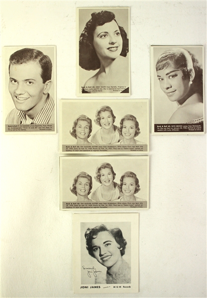 1950s Rock And Roll Exhibit/Promo Cards - Lot of 6 w/ Pat Boone, Kelly Smith, Ruth Brown, McGuire Sisters & Joni James