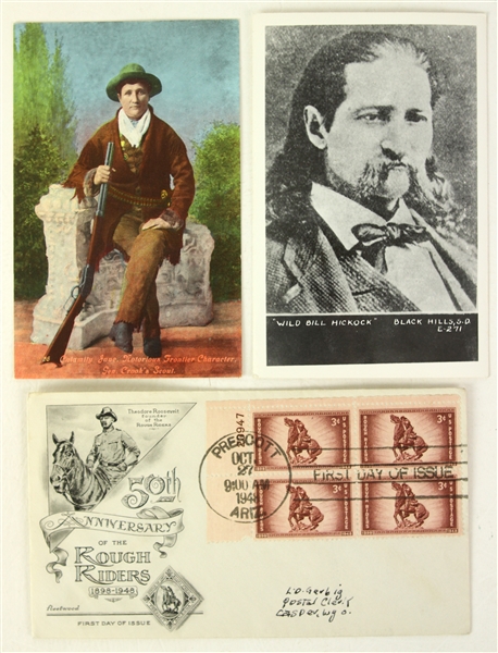 1948 circa Old West Collection - Lot of 3 w/ Rough Riders 50th Anniversary First Day of Issue & Calamity Jane/Wild Bill Hickock Postcards
