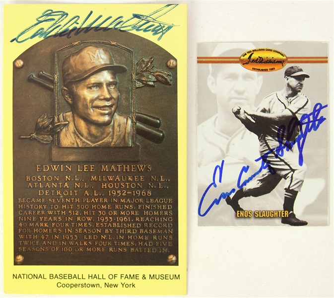 1990s Eddie Mathews Signed Yellow HOF Postcard & Enos Slaughter Signed Trading Card - Lot of 2 (JSA)