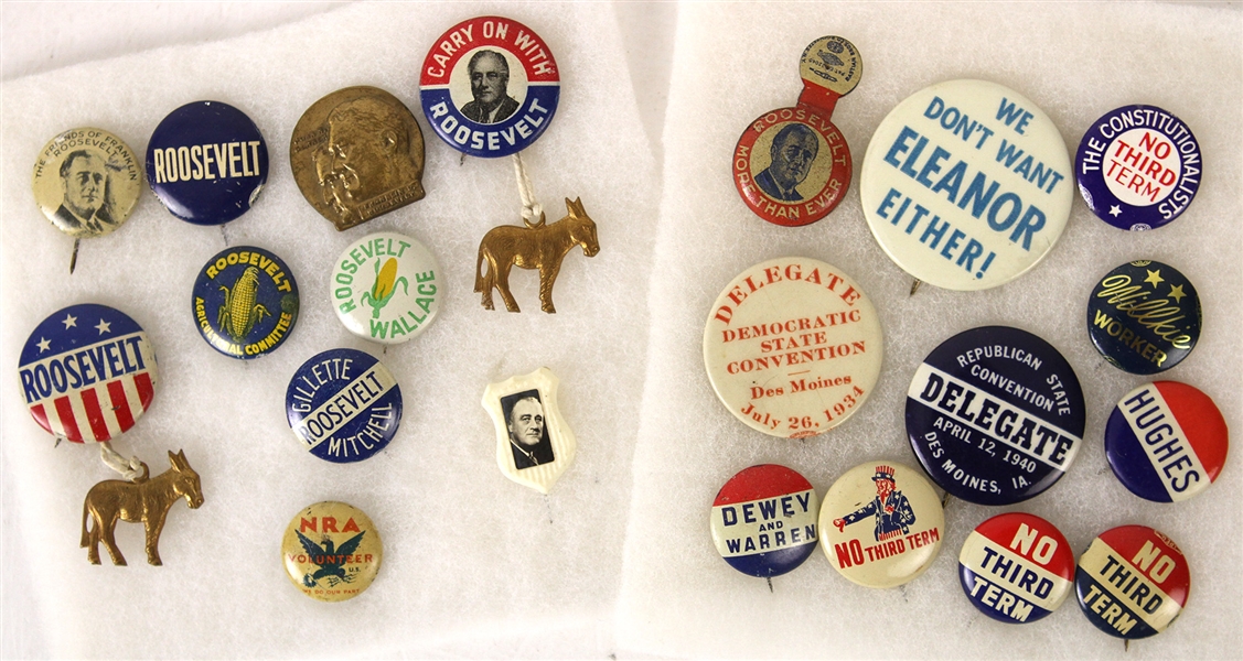 1930s-40s Presidential & Political Pinback Collection - Lot of 21 w/ FDR, No Third Term, We Dont Want Eleanor Either & More