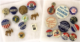 1930s-40s Presidential & Political Pinback Collection - Lot of 21 w/ FDR, No Third Term, We Dont Want Eleanor Either & More