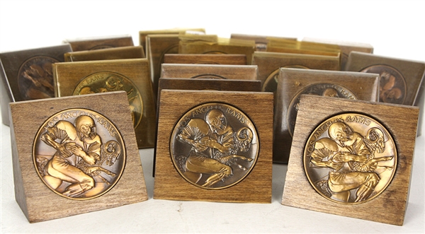 1984 Los Angeles Rams Bronze Medallion Collection - Lot of 19 w/ Wooden Stands