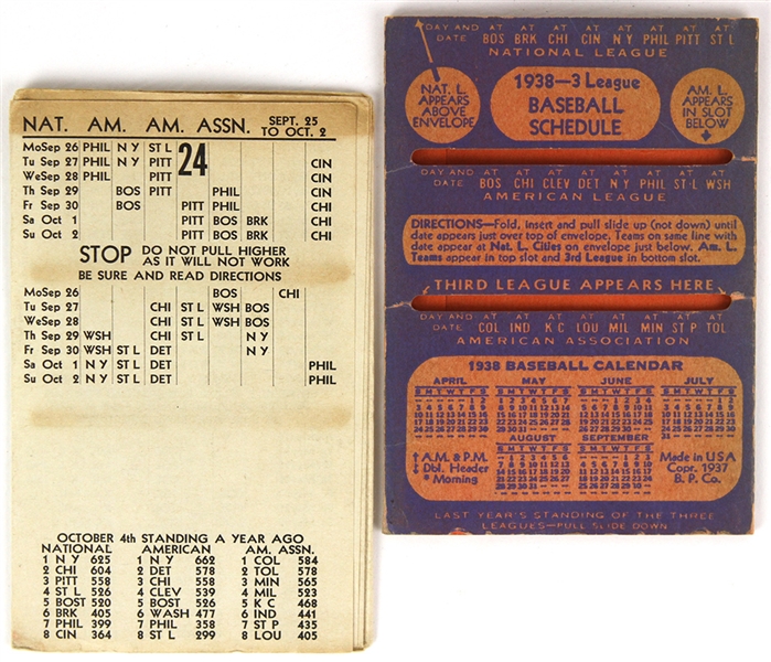 1938 Fair & Square Three League Baseball Pocket Schedule w/ American League National League & American Association 
