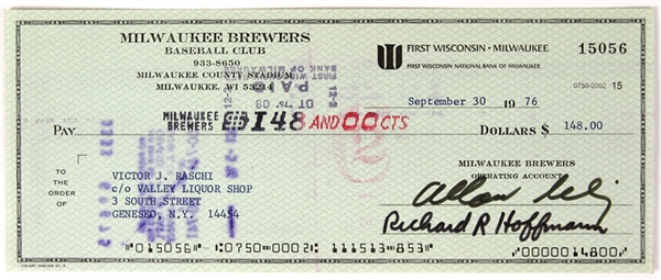 1976 Bud Selig Vic Raschi Dual Signed Milwaukee Brewers Baseball Club Check (JSA)