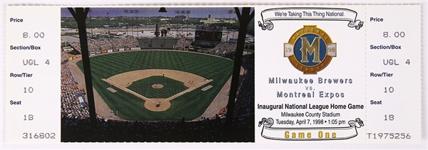 1998 (April 7) Milwaukee Brewers Montreal Expos First Brewers NL Game at Milwaukee County Stadium Ticket 