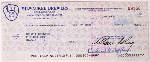 1983 Bud Selig Milwaukee Brewers Signed Check (JSA)