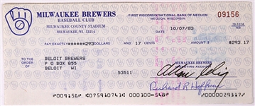1983 Bud Selig Milwaukee Brewers Signed Check (JSA)