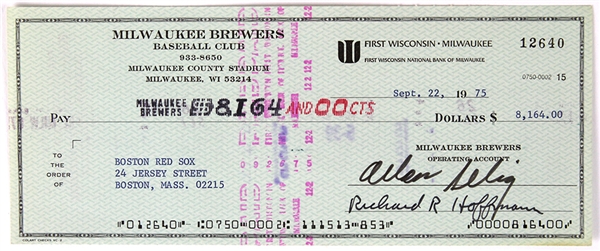 1975 Bud Selig Milwaukee Brewers Signed Check (JSA)
