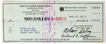 1975 Bud Selig Milwaukee Brewers Signed Check (JSA)