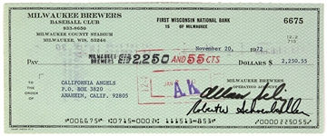 1972 Bud Selig Milwaukee Brewers Signed Check (JSA)