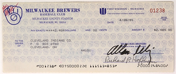 1981 Bud Selig Milwaukee Brewers Signed Check (JSA)