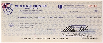 1981 Bud Selig Milwaukee Brewers Signed Check (JSA)