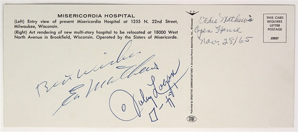 1965 Eddie Mathews Johnny Logan Milwaukee Braves Signed 3.5" x 8.25" Misericordia Hospital Postcard (JSA)
